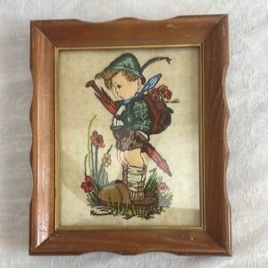 Vintage Framed Hummel Boy with Umbrella Embroidery Crewel Art
